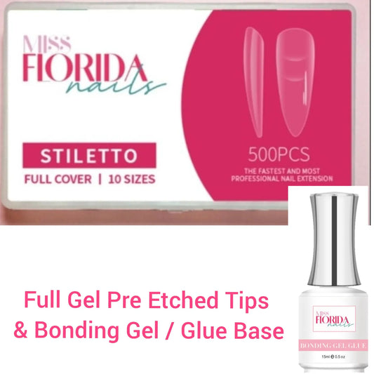 Full Cover Pre Etched Long STILETTO Gel Tips & Bonding Gel Glue Combo